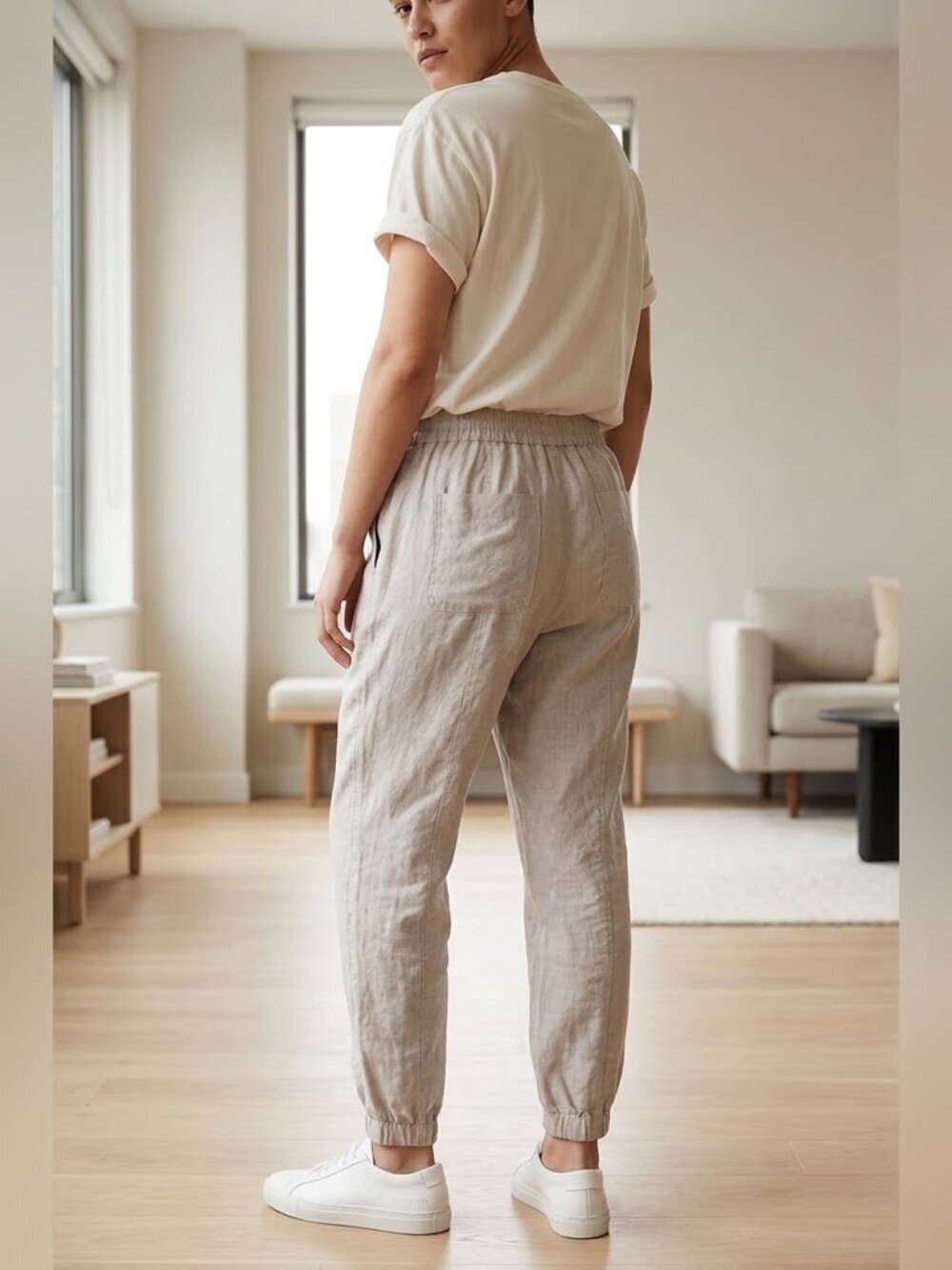 Johnny Was Calme Tan Jogger Pants with Elastic Waistband and Cuffed Ankles